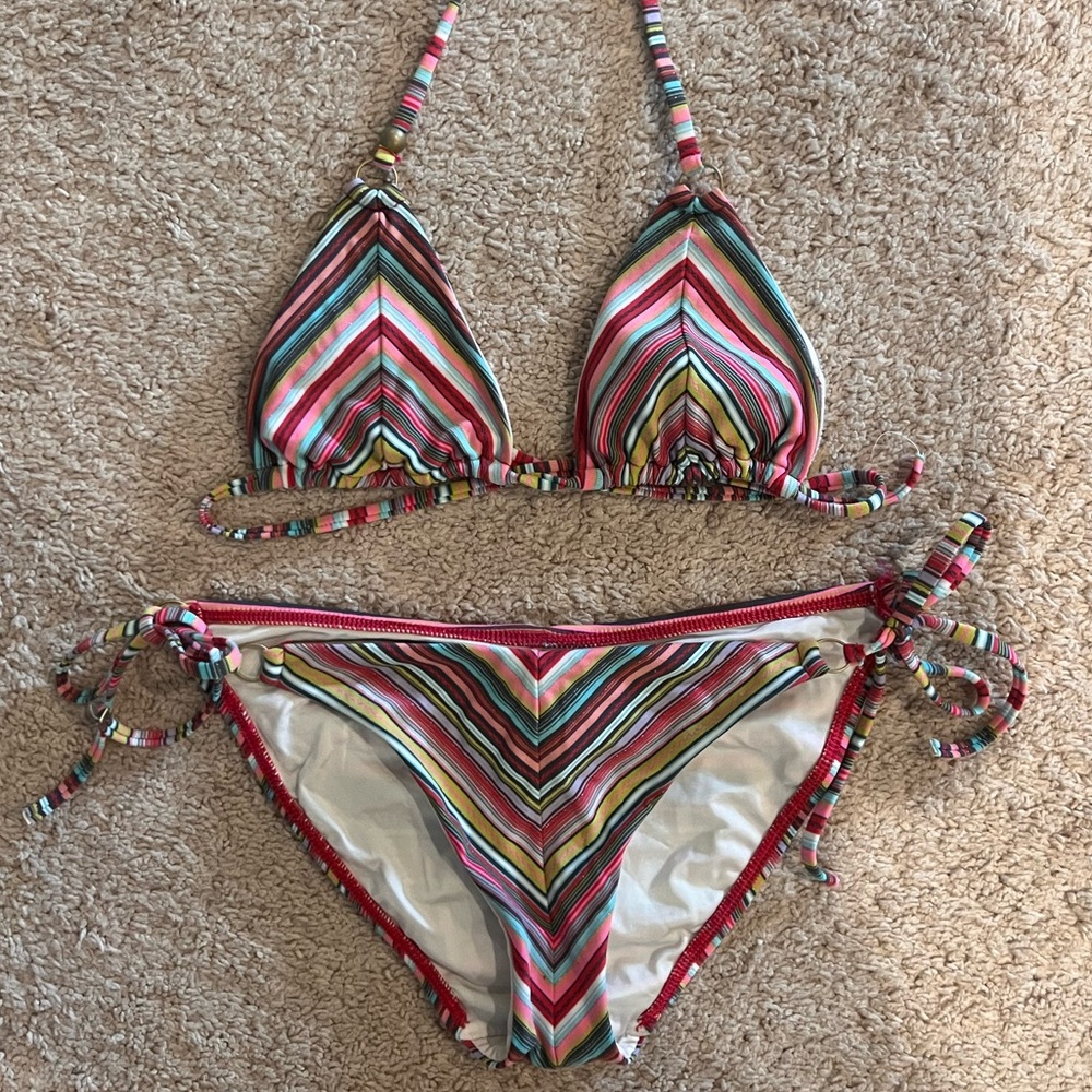 Vitamin A Multicolor Striped Triangle Bikini - Pink, Red, Green, Yellow, Blue